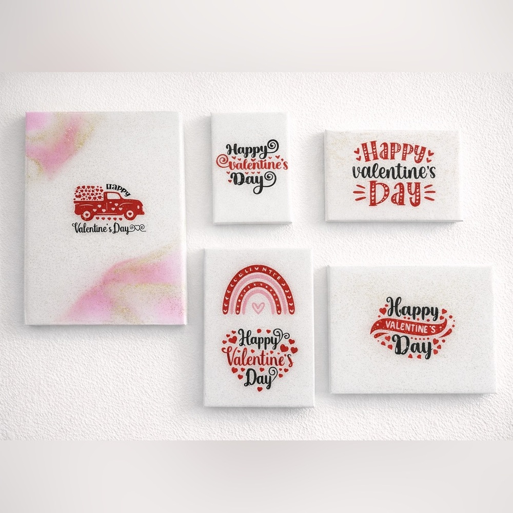 Valentine’s Day Resin Wall Art Set | Handmade Canvas Decor | Set of 5 | Glossy